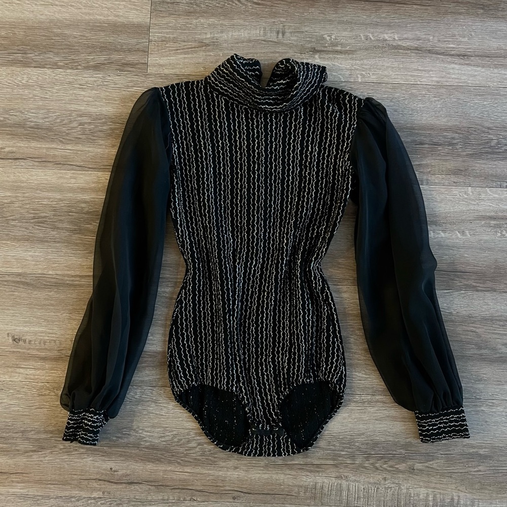 Vintage Black and Silver Metallic Long Sleeve Bodysuit